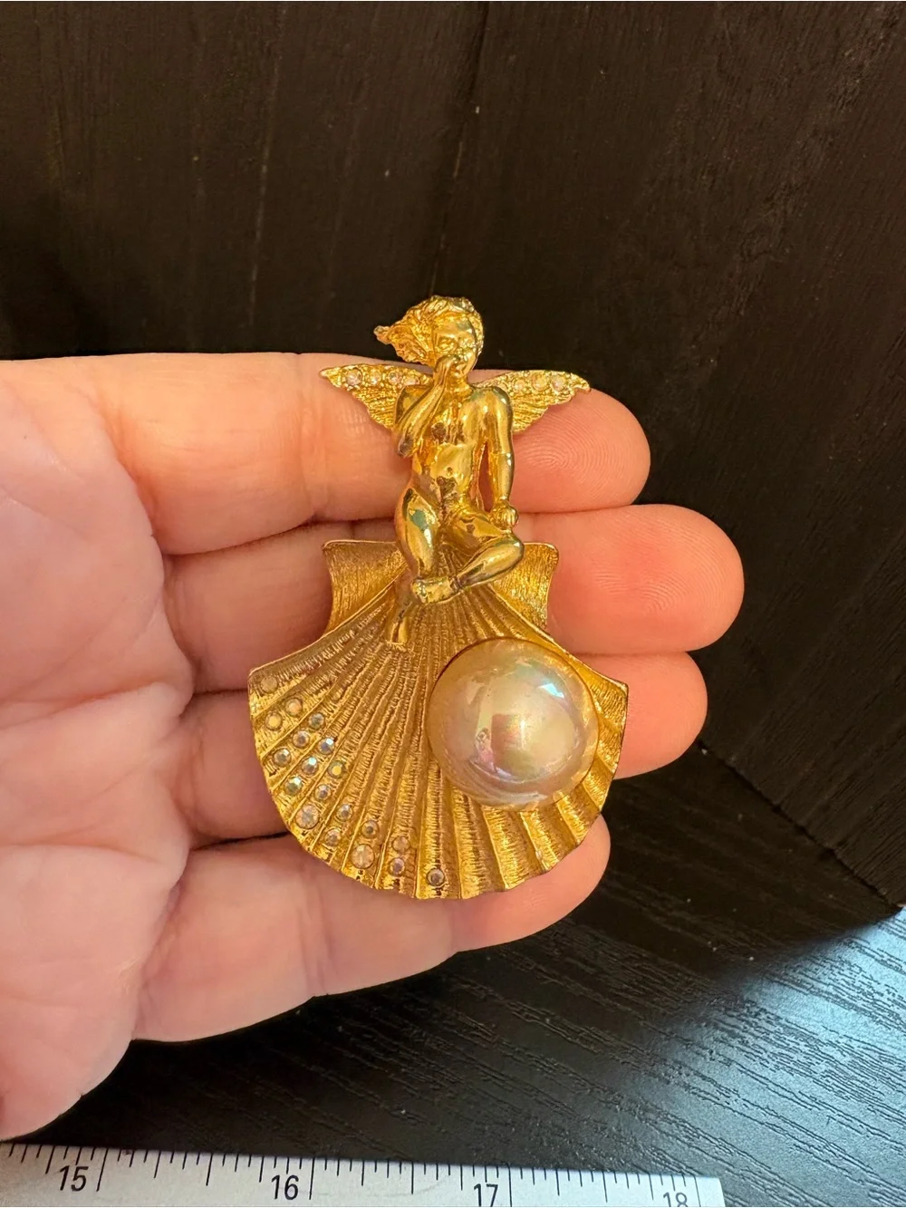 Kirks Folly brooch pendant gold tone rhinestone cherub angel faux pearl 2.5”